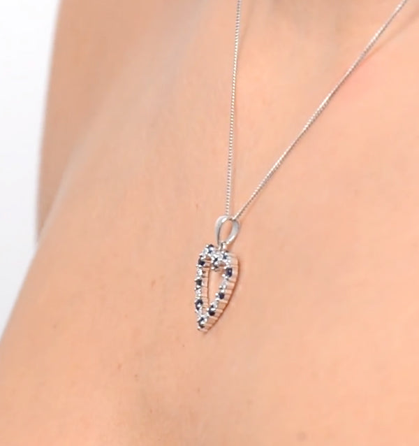 9K White Gold 0.03ct Diamond and Sapphire Heart Pendant Necklace